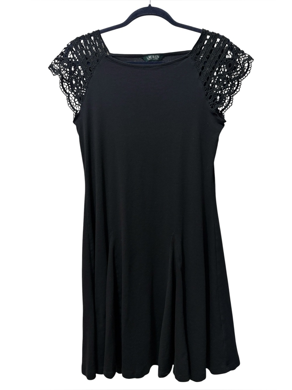 Lauren Ralph Lauren Black 100% Cotton Knit Dress Crochet Sleeves Size L